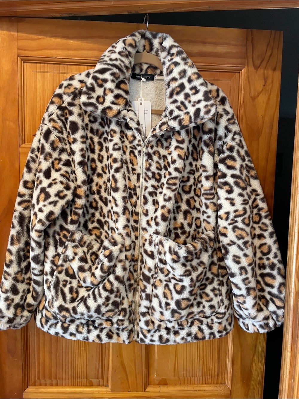 Merokeety Leopard Print Faux Fur Zip Front Jacket - Brown & Black